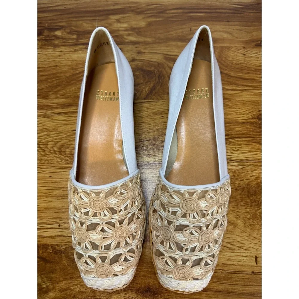 Stuart Weitzman White Leather Floral Crochet Raffia‎ Espadrille Wedges 7.5 NWOT